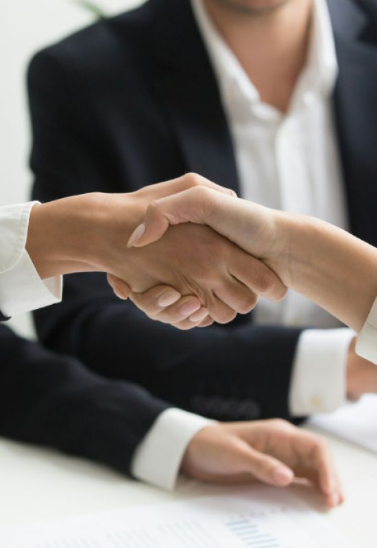 A lcose up of business people in suits giving a handshake